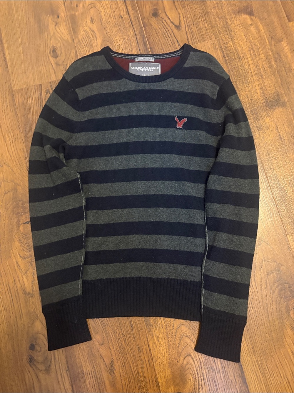 American Eagle Outfitters Navy and Olive Striped Crewneck Sweater